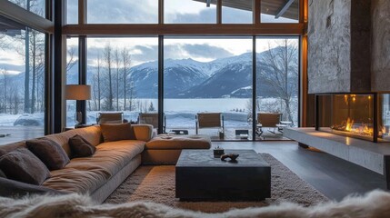 Modern Living Room with Mountain View and Fireplace