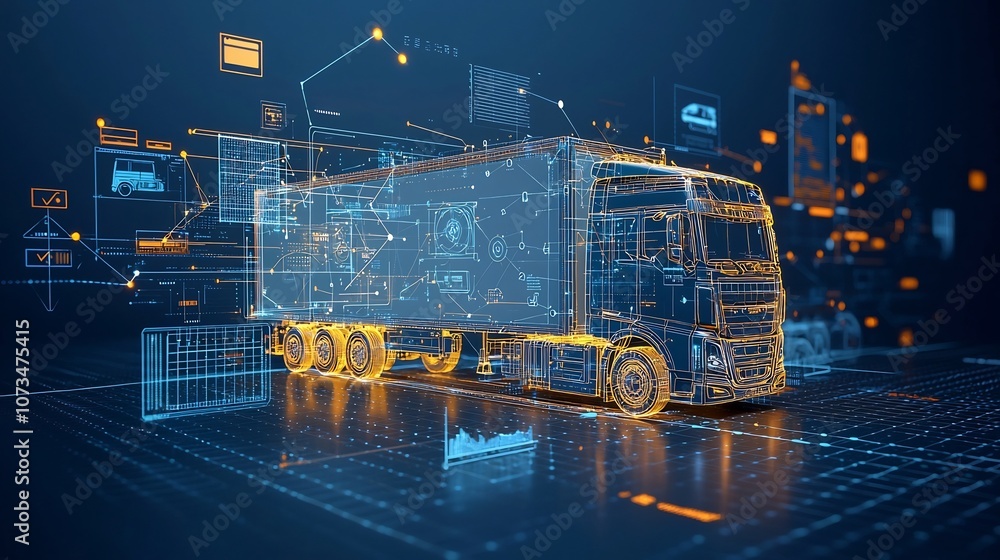 Leinwandbilder glowing digital trucks illuminated by connectivity lines on a dark blue network background showcasin