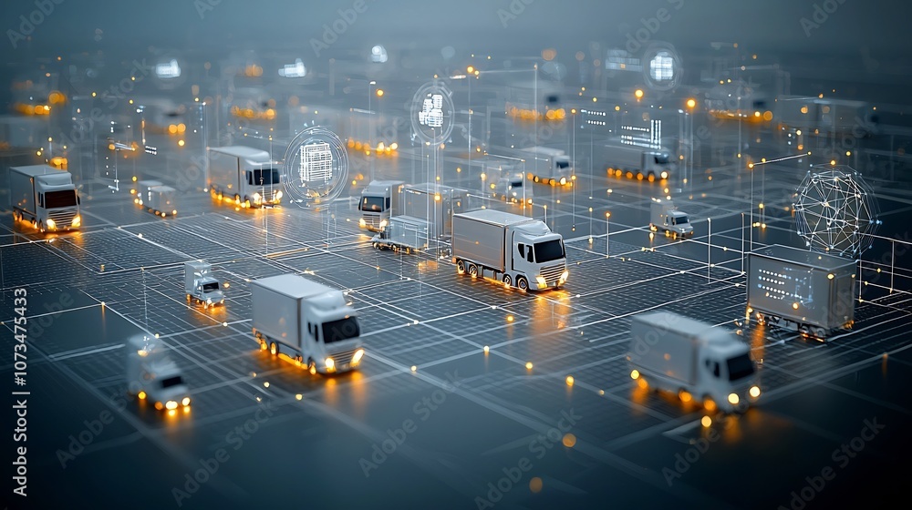 Poster Abstract scene depicting illuminated trucks driving along a futuristic network grid representing the power of generative in revolutionizing global logistics and transportation