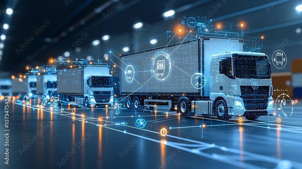 Poster Digitally rendered trucks glowing with connectivity lines on a dark blue network background showcasing the role of generative in shaping the future of logistics and global trade