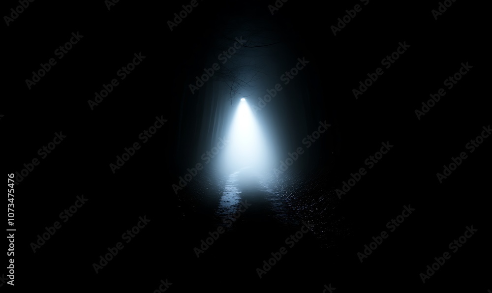 Poster A mysterious, foggy path illuminated by a beam of light, evoking intrigue and solitude.