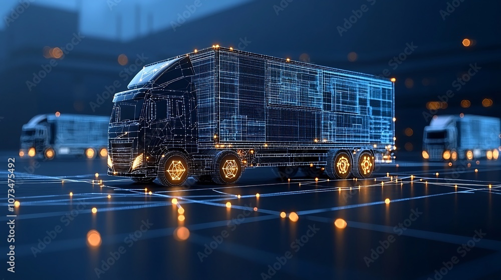 Poster Digitally rendered glowing trucks on a dark blue network background showcasing how generative is shaping the future of logistics transportation and global trade