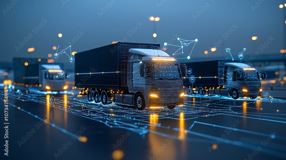 Leinwandbilder Glowing Digital Trucks on a Dark Blue Network Background Showcasing Generative AI s Transformative Role in Shaping the Future of Logistics and Global Trade