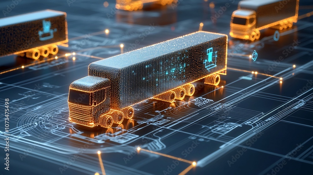 Leinwandbilder Glowing semi trailer trucks made of illuminated points navigating an AI driven international delivery network grid on a dark blue digital background