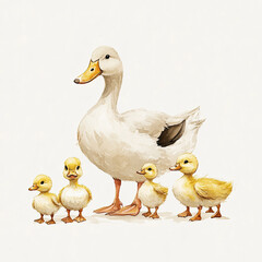Duck with ducklings, isolated, on a white background. Illustration for advertising household, poultry.