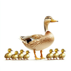 Obraz premium Duck with ducklings, isolated, on a white background. Illustration for advertising household, poultry.