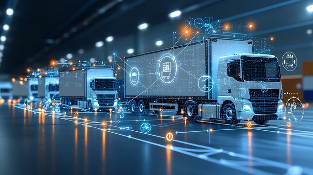 Digitally rendered trucks glowing with connectivity lines on a dark blue network background showcasing the role of generative in shaping the future of logistics and global trade