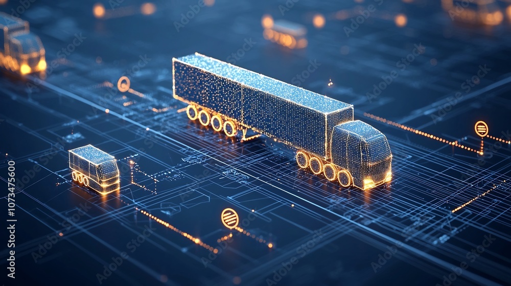 Leinwandbilder Digitally rendered abstract artwork depicting glowing semi trailer trucks traversing an interconnected network grid symbolizing the international delivery of goods powered by generative technology