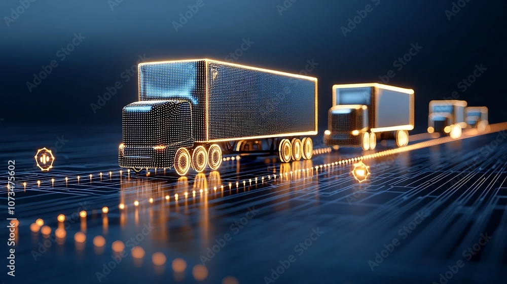Poster abstract digital art depicting semi trailer trucks made of glowing points delivering goods internati