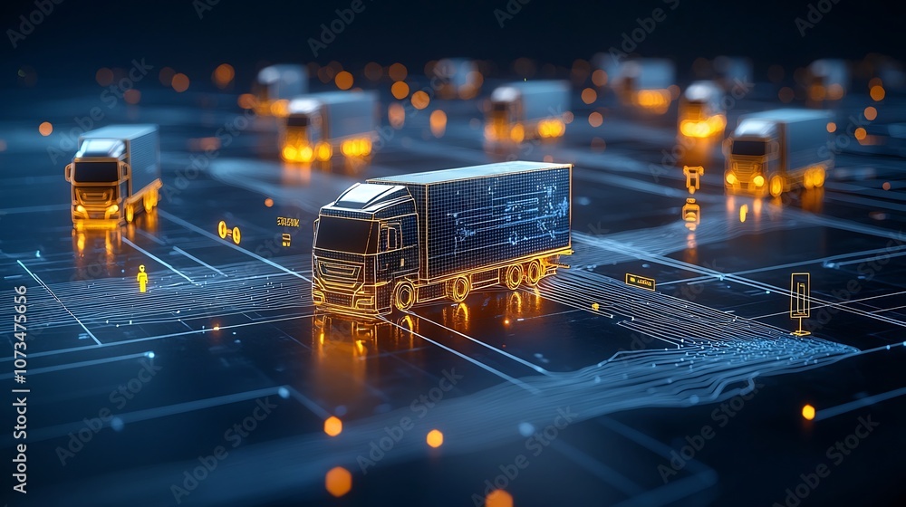 Poster illuminated trucks traveling across a digital landscape of glowing lines symbolizing the global trad