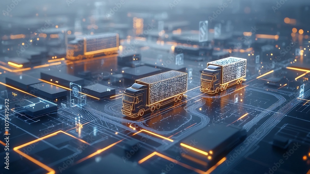 Poster illuminated trucks traveling across a digital landscape of glowing lines symbolizing the global trad