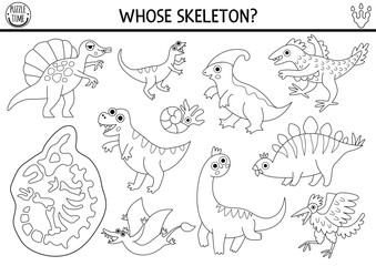 Dinosaur black and white matching activity with cute animals and triceratops skeleton. Prehistoric line puzzle with T-rex. Match and circle bone game. Dino printable worksheet, coloring page