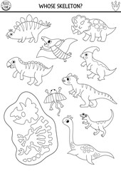 Obraz premium Dinosaur black and white matching activity with cute animals, triceratops skeleton. Prehistoric line puzzle with stegosaur. Match and circle bones game. Dino printable worksheet, coloring page