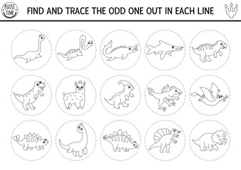 Find the odd one out. Dinosaur black and white logical activity for kids. Prehistoric educational line quiz worksheet for attention skills. Dino land printable game, coloring page with T-rex