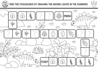 Vector black and white dinosaur domino puzzle for kids with pictures. Prehistoric shape recognition line quiz. Maze, drawing, matching and logic activity with stegosaur and leaves. Draw missing object