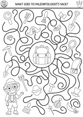 Dinosaur black and white maze for kids with cute paleontologists and his sack. Prehistoric preschool printable line activity with archeologist boy, tools. Dino labyrinth game, coloring page
