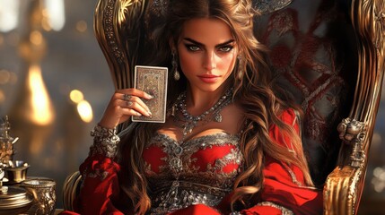 Dramatic portrait of an elegant woman in ornate attire seated on a regal throne while holding a playing card in a lavish palace setting