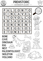 Vector black and white dinosaur wordsearch puzzle for kids. Word search dino line quiz. Educational activity with paleontologist, skeleton, volcano, egg, cave. Cross word with prehistoric scene