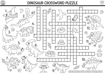 Vector black and white crossword puzzle for kids with dinosaur names. Line quiz for children. Educational activity with T-rex, triceratops, stegosaur. Cute cross word with prehistoric animal © Lexi Claus