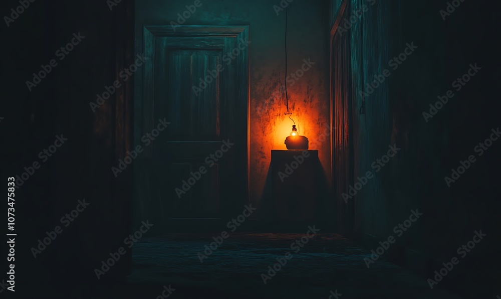 Poster a dimly lit hallway with a glowing lantern, creating a mysterious atmosphere.