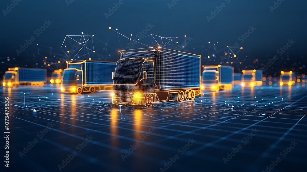 Leinwandbilder Illuminated digital trucks navigating a global network of interconnected lines and points showcasing the power of generative and logistics technology in a futuristic minimalist nightscape