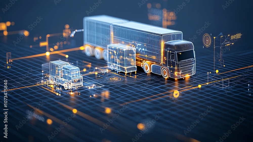Poster abstract digital trucks illuminated by lines and points driving at night over a global network showc