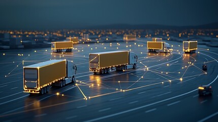 Luminous semi trailer trucks driving across an interconnected grid at night floating above a dark blue background