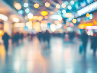A blurry image of a busy airport with people walking around. Scene is chaotic and bustling, with people rushing to catch their flights.