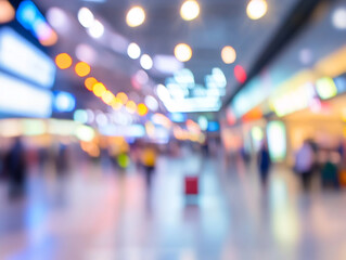 A blurry image of a busy airport with people walking around. Scene is chaotic and bustling, with people rushing to catch their flights.