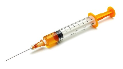 Fototapeta premium Injection with a Syringe Isolated on White Background - a clinical and precise visual. The injection with a syringe isolated on the white background creates a clean and sterile look. It gives the impr