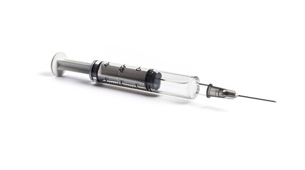 Fototapeta premium Injection with a Syringe Isolated on White Background - a clinical and precise visual. The injection with a syringe isolated on the white background creates a clean and sterile look. It gives the impr