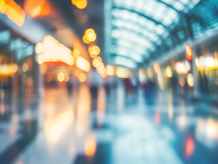 A blurry image of a busy airport with people walking around. Scene is chaotic and bustling, with people rushing to catch their flights.