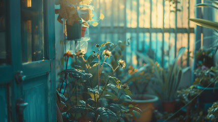 Close up background image of lush exotic plants greenery with light shining through in cluttered room