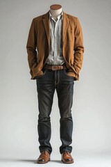 tailored blazer paired crisp button shirt and dark denim jeans showcasing polished and versatile smart casual look mannequin.