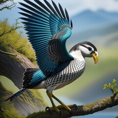 A bird is standing on a tree branch with a mountain in the background