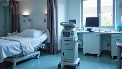 Fototapeta premium Patient room setup for cancer treatment with bed and medical equipment in bright environment