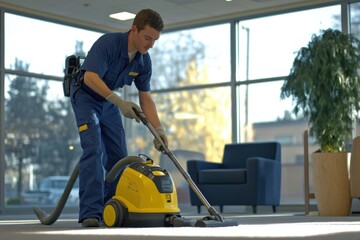 Close-up of industrial carpet cleaning machine in use on office floor
