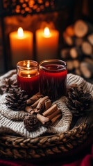 Christmas Still Life with Candles and Winter Decor in Warm Fireside Palette &ndash; Mulled Wine Red, Chestnut Brown, and Ember Orange
