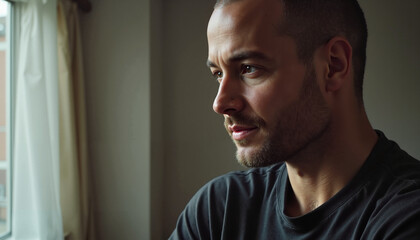 Obraz premium Thoughtful young man undergoing cancer treatment gazing out the window in serene environment