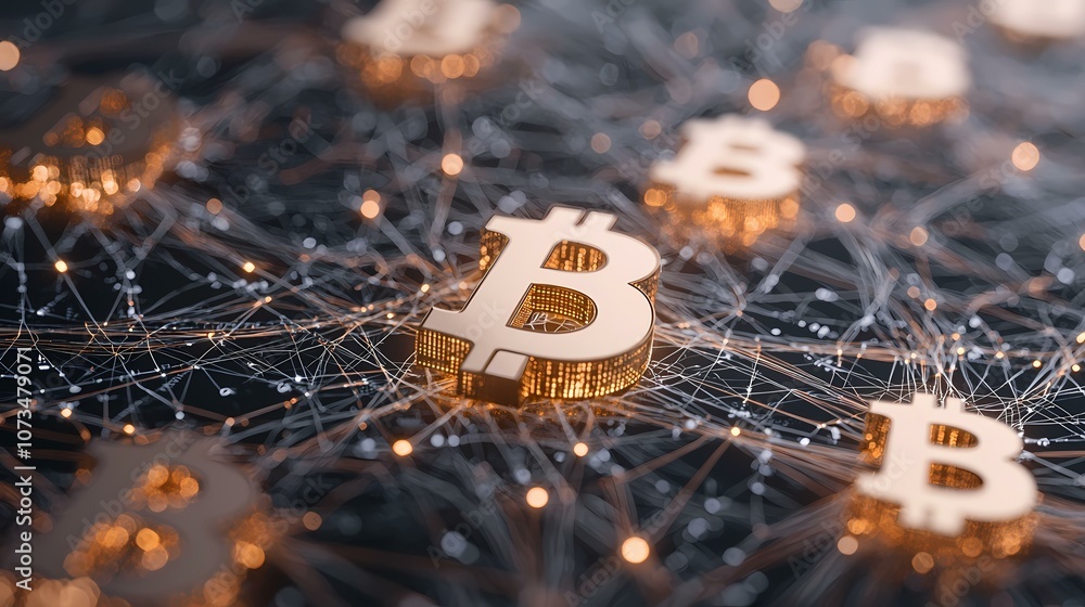Poster a gold bitcoin symbol is in the center of the image, surrounded by a spiderweb-like network of white