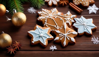 Fototapeta premium Christmas cookies with icing on wooden background