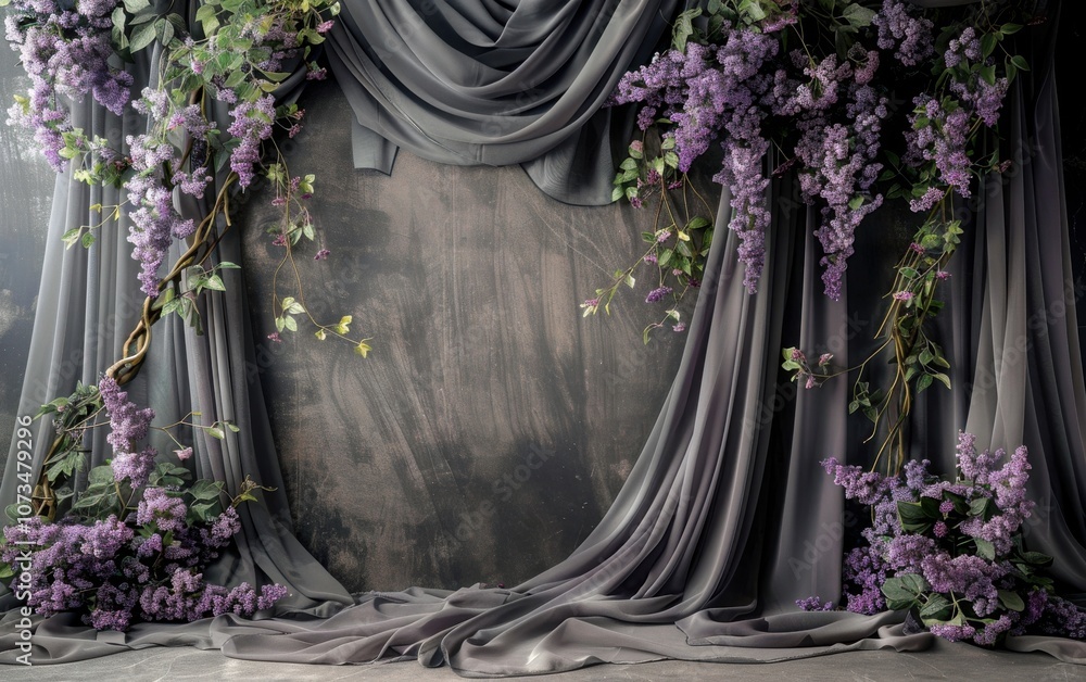 Poster slate gray studio backdrop with a matte finish, slate gray chiffon curtains with soft purple lilacs 
