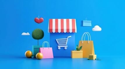 A blue background with a red and white striped awning and a shopping cart