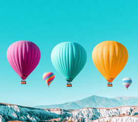 Fototapeta premium Experience the breathtaking beauty of colorful hot air balloons soaring through a clear, turquoise sky, capturing the essence of adventure and serenity in this stunning landscape.