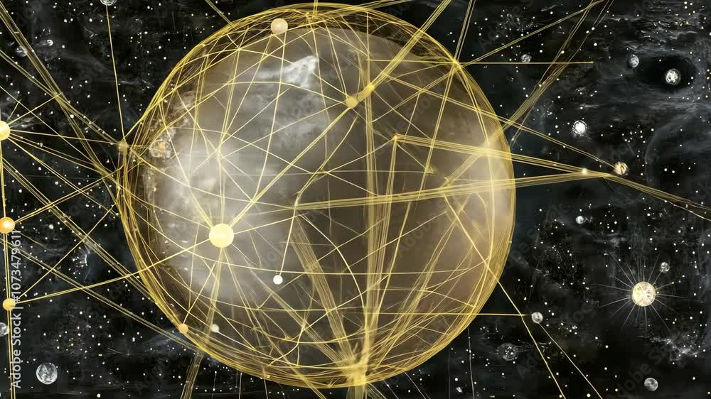 Poster a golden globe with lines connecting to other small points of light, set against a black starry back