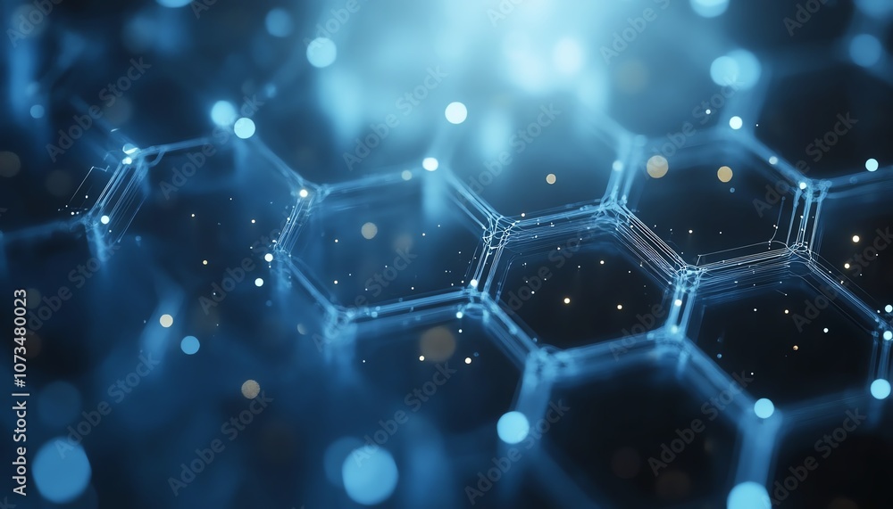 Poster abstract blue background with floating hexagons and digital data streams, representing technology an