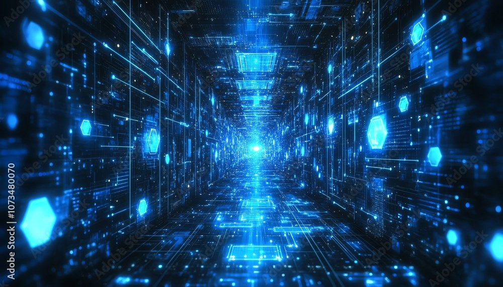 Poster abstract blue background with floating hexagons and digital data streams, representing technology an