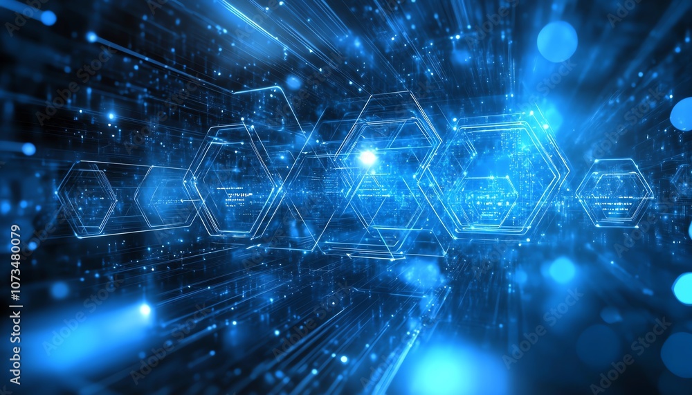 Poster abstract blue background with floating hexagons and digital data streams, representing technology an