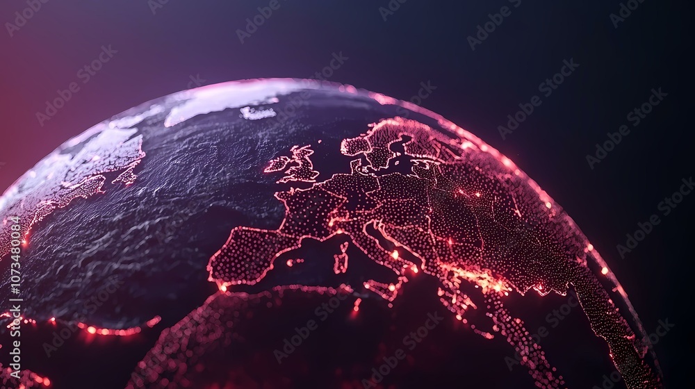 Poster a digital image of a globe, with europe illuminated in red dots. the image is stylized, with the lan