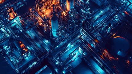  Oil storage tank and oil refinery factory plant at night, Refinery industrial pipeline steel power storage. Oil and Gas petrochemical industrial estate zone. aerial view